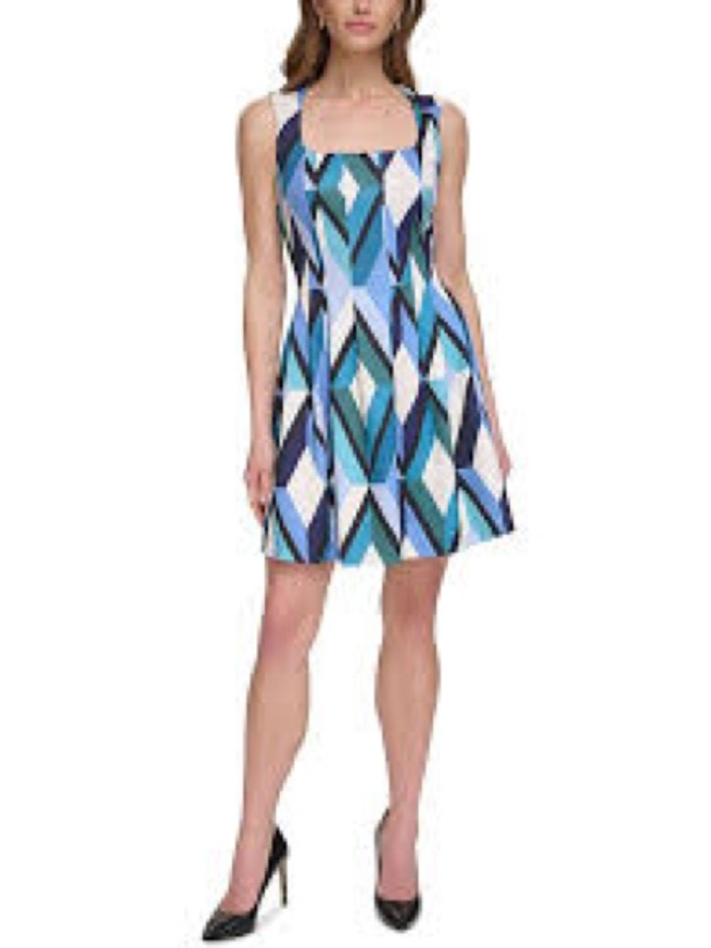 Vince Camuto Blue, Teal & White Geometric Sleeveless A-Line Dress